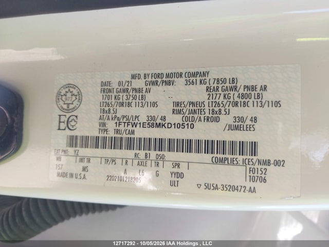 12717292 :رقم المزاد ، 1FTFW1E58MKD10510 vin ، 2021 Ford F150 Supercrew مزاد بيع