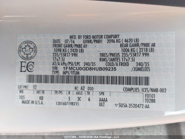 Ford ESCAPE SE 2017 1FMCU0GD8HUB09235 Image 9