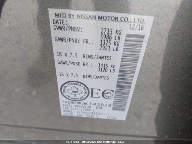 2017 Nissan Pathfinder S/sv/sl/platinum მანქანა იყიდება აუქციონზე, vin: 5N1DR2MM3HC645828, აუქციონის ნომერი: 12717314