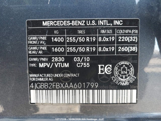 Aukcja sprzedaży 2010 Mercedes-benz Ml 350 Bluetec 4matic, vin: 4JGBB2FBXAA601799, numer aukcji: 12717316