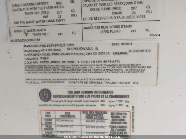 Продажа на аукционе авто 2013 Kz Inc. Rv Durango, vin: 4EZFD2924D6068155, номер лота: 12717320
