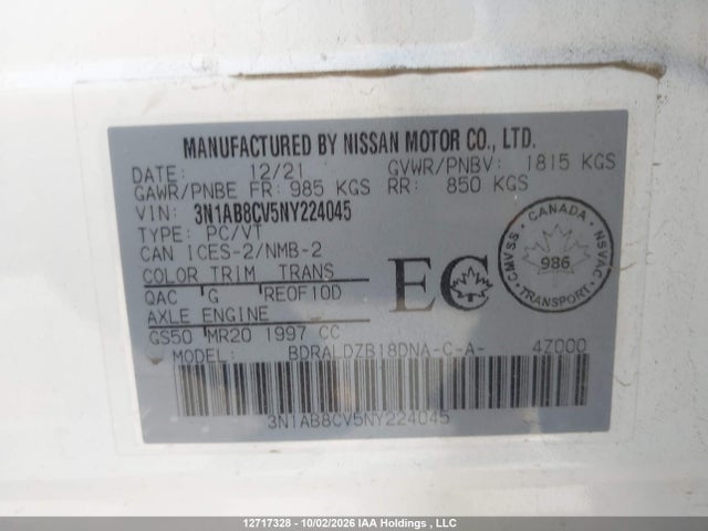 3N1AB8CV5NY224045 Nissan SENTRA SV