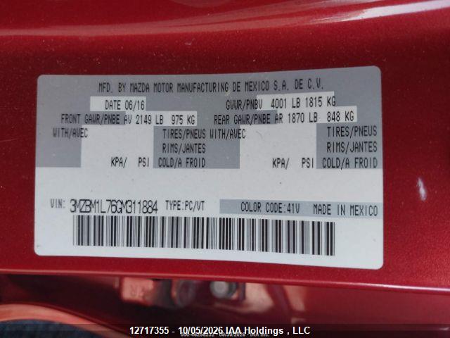 12717355 :رقم المزاد ، 3MZBM1L76GM311884 vin ، 2016 Mazda 3 Touring مزاد بيع