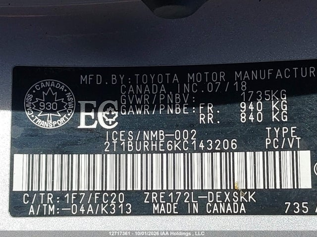 2019 Toyota Corolla L/le/xle/se/xse მანქანა იყიდება აუქციონზე, vin: 2T1BURHE6KC143206, აუქციონის ნომერი: 12717361