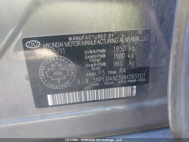 12717362 :رقم المزاد ، 5NPEB4AC5BH265101 vin ، 2011 Hyundai Sonata Gl مزاد بيع