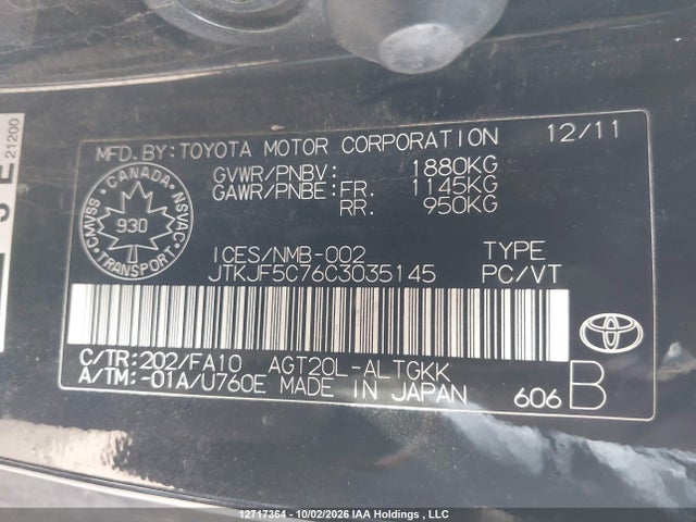 12717364 :رقم المزاد ، JTKJF5C76C3035145 vin ، 2012 Toyota Scion Tc مزاد بيع