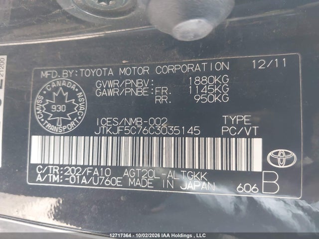 12717364 :رقم المزاد ، JTKJF5C76C3035145 vin ، 2012 Toyota Scion Tc مزاد بيع