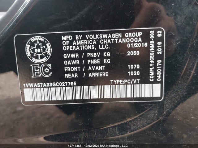 2016 Volkswagen Passat 1.8 Tsi Trendline/1.8 Tsi Trendline+ მანქანა იყიდება აუქციონზე, vin: 1VWAS7A33GC027795, აუქციონის ნომერი: 12717368
