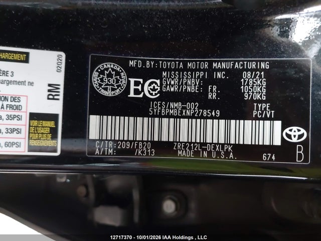5YFBPMBEXNP278549 Toyota COROLLA LE