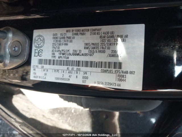 Продаж на аукціоні авто 2021 Ford Escape, vin: 1FMCU9J99MUA55107, номер лоту: 12717371