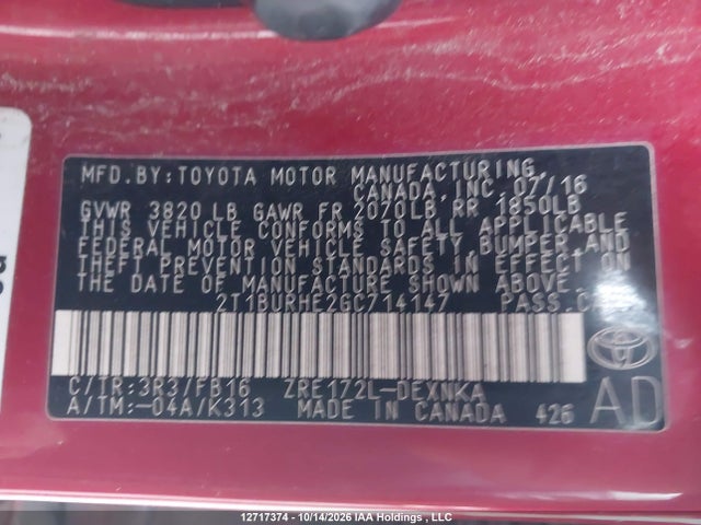 Продаж на аукціоні авто 2016 Toyota Corolla L/le/le Pls/prm/s/s Pls, vin: 2T1BURHE2GC714147, номер лоту: 12717374
