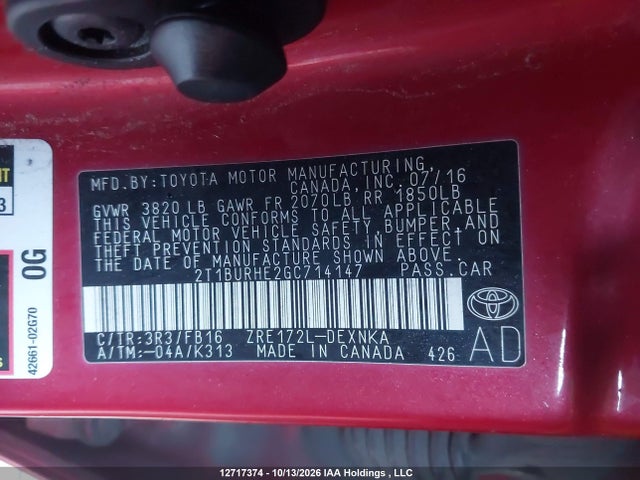 Продаж на аукціоні авто 2016 Toyota Corolla L/le/le Pls/prm/s/s Pls, vin: 2T1BURHE2GC714147, номер лоту: 12717374