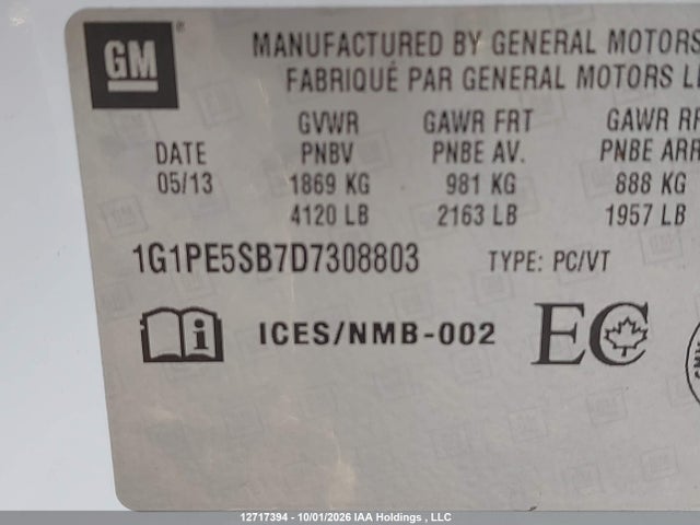 Продаж на аукціоні авто 2013 Chevrolet Cruze Lt, vin: 1G1PE5SB7D7308803, номер лоту: 12717394