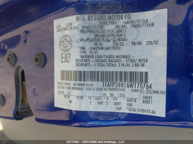 Продаж на аукціоні авто 2006 Ford Focus, vin: 1FAFP34N16W170764, номер лоту: 12717401
