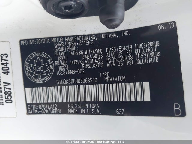 12717413 :رقم المزاد ، 5TDDK3DC3DS068510 vin ، 2013 Toyota Sienna Xle 7 Passenger مزاد بيع