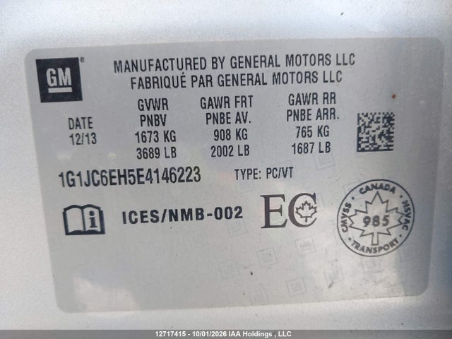 2014 Chevrolet Sonic Lt მანქანა იყიდება აუქციონზე, vin: 1G1JC6EH5E4146223, აუქციონის ნომერი: 12717415