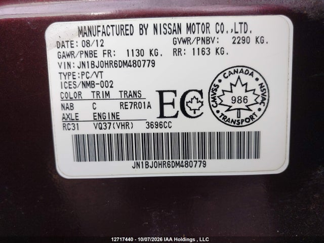 Aukcja sprzedaży 2013 Infiniti Fx37, vin: JN1BJ0HR6DM480779, numer aukcji: 12717440