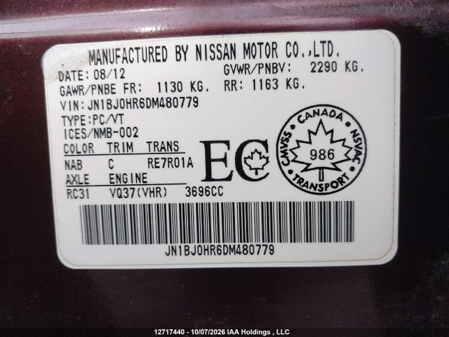 Aukcja sprzedaży 2013 Infiniti Fx37, vin: JN1BJ0HR6DM480779, numer aukcji: 12717440