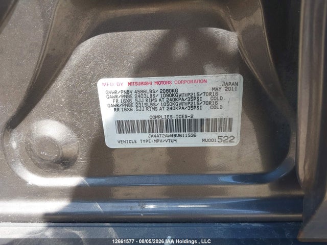 2011 Mitsubishi Outlander Es მანქანა იყიდება აუქციონზე, vin: JA4AT2AW4BU611536, აუქციონის ნომერი: 12661577