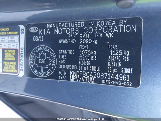12669338 :رقم المزاد ، KNDPBCA20B7144961 vin ، 2011 Kia Sportage Lx مزاد بيع