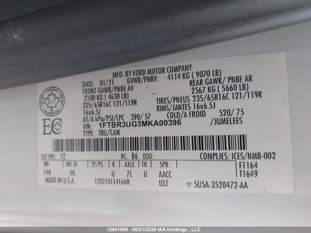 Продажа на аукционе авто 2021 Ford Transit-250 Cargo, vin: 1FTBR3UG3MKA00396, номер лота: 12681960