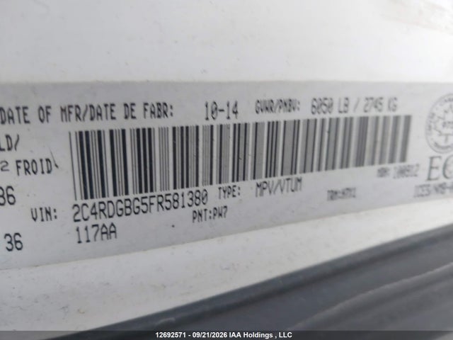 Продаж на аукціоні авто 2015 Dodge Grand Caravan Se/sxt, vin: 2C4RDGBG5FR581380, номер лоту: 12692571