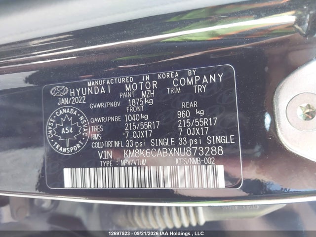 12697523 :رقم المزاد ، KM8K6CABXNU873288 vin ، 2022 Hyundai Kona Preferred Awd With Sun And Leather Package مزاد بيع