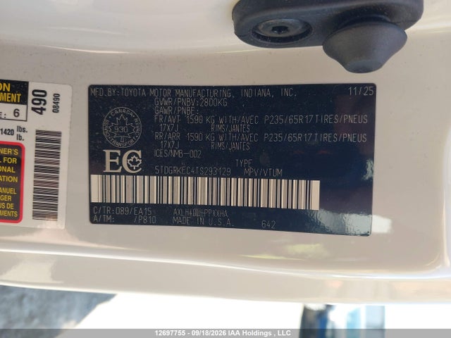 Aukcja sprzedaży 2026 Toyota Sienna Xle Fwd 8-pass, vin: 5TDGRKEC4TS293129, numer aukcji: 12697755