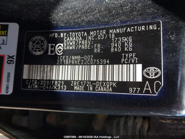 Aukcja sprzedaży 2018 Toyota Corolla Le Eco, vin: 2T1BPRHE2JC075394, numer aukcji: 12697880
