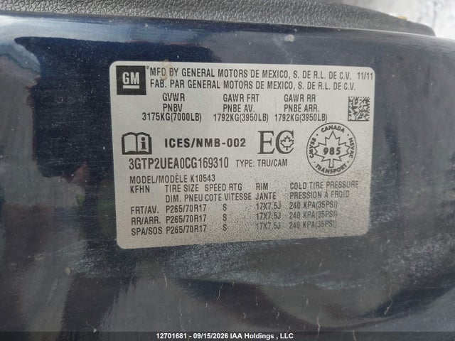 Aukcja sprzedaży 2012 Gmc Sierra 1500 Sl, vin: 3GTP2UEA0CG169310, numer aukcji: 12701681