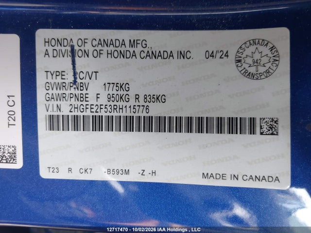 2024 Honda Civic მანქანა იყიდება აუქციონზე, vin: 2HGFE2F53RH115776, აუქციონის ნომერი: 12717470