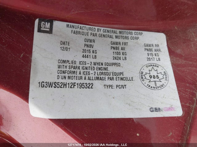 Продаж на аукціоні авто 2002 Oldsmobile Intrigue, vin: 1G3WS52H12F195322, номер лоту: 12717478