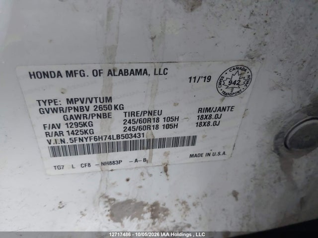 Продажа на аукционе авто 2020 Honda Pilot Ex-l Navi, vin: 5FNYF6H74LB503431, номер лота: 12717486