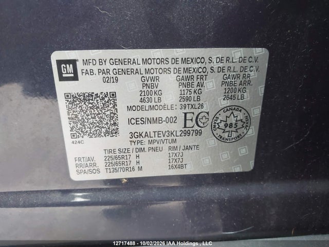 12717488 :رقم المزاد ، 3GKALTEV3KL299799 vin ، 2019 Gmc Terrain Sle مزاد بيع