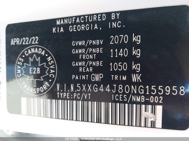 5XXG44J80NG155958 KIA K5 Gt W/black Interior