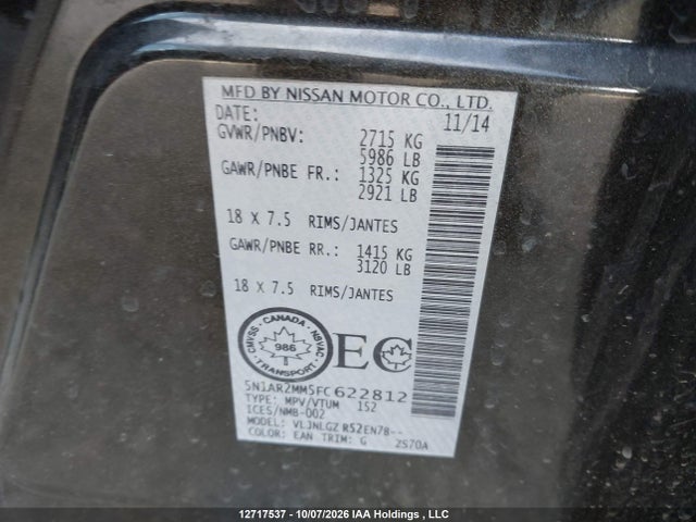 5N1AR2MM5FC622812 Nissan Pathfinder Platinum/s/sl/sv