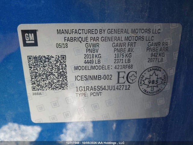 2018 Chevrolet Volt Lt მანქანა იყიდება აუქციონზე, vin: 1G1RA6S54JU142712, აუქციონის ნომერი: 12717548
