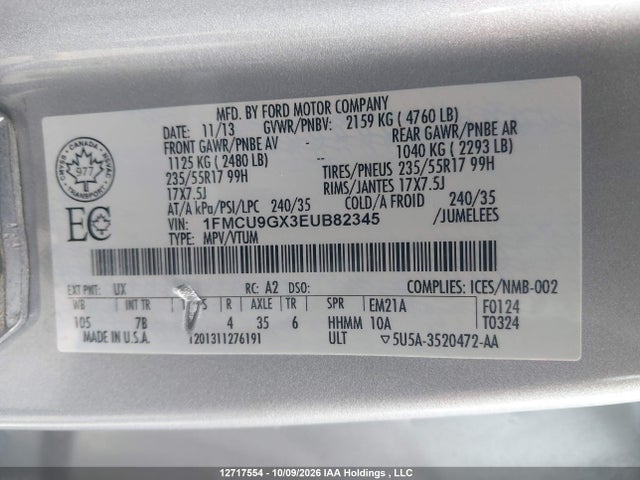 1FMCU9GX3EUB82345 Ford Escape