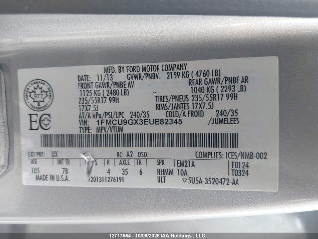 1FMCU9GX3EUB82345 Ford Escape
