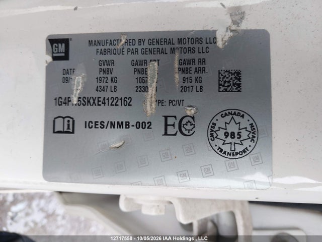 12717558 :رقم المزاد ، 1G4PN5SKXE4122162 vin ، 2014 Buick Verano مزاد بيع