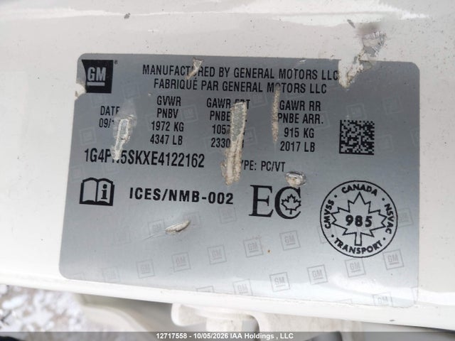12717558 :رقم المزاد ، 1G4PN5SKXE4122162 vin ، 2014 Buick Verano مزاد بيع