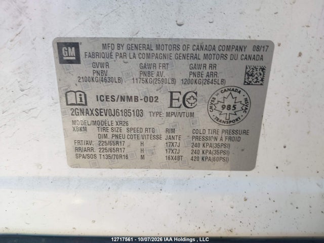 Aukcja sprzedaży 2018 Chevrolet Equinox Lt, vin: 2GNAXSEV0J6185103, numer aukcji: 12717561