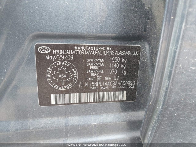 12717570 :رقم المزاد ، 5NPET4AC8AH600993 vin ، 2010 Hyundai Sonata مزاد بيع