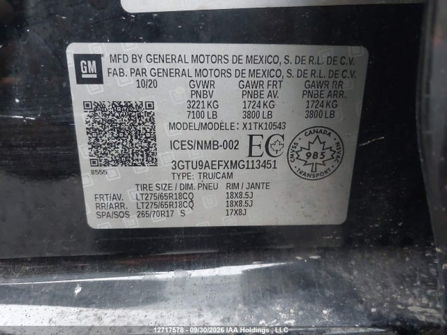 Продаж на аукціоні авто 2021 Gmc Sierra K1500, vin: 3GTU9AEFXMG113451, номер лоту: 12717578