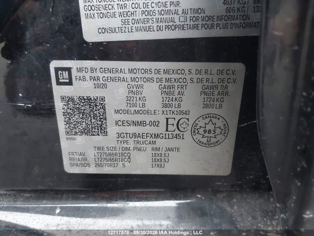 Продаж на аукціоні авто 2021 Gmc Sierra K1500, vin: 3GTU9AEFXMG113451, номер лоту: 12717578