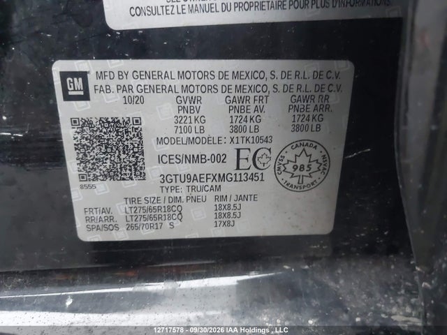 Продаж на аукціоні авто 2021 Gmc Sierra K1500, vin: 3GTU9AEFXMG113451, номер лоту: 12717578