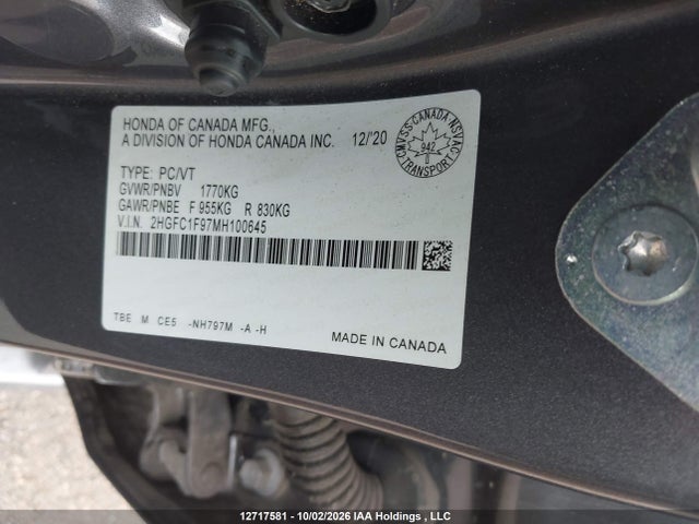 Aukcja sprzedaży 2021 Honda Civic Touring, vin: 2HGFC1F97MH100645, numer aukcji: 12717581