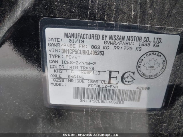 Продажа на аукционе авто 2019 Nissan Kicks S/sr/sv, vin: 3N1CP5CU9KL495263, номер лота: 12717598