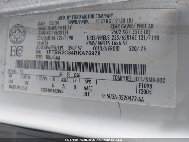 Продажа на аукционе авто 2024 Ford Transit T-250, vin: 1FTBR2C84RKA76978, номер лота: 12717599