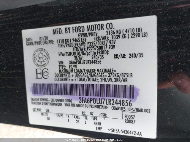 Aukcja sprzedaży 2020 Ford Fusion Hybrid Hybrid, vin: 3FA6P0LU7LR244856, numer aukcji: 12717602